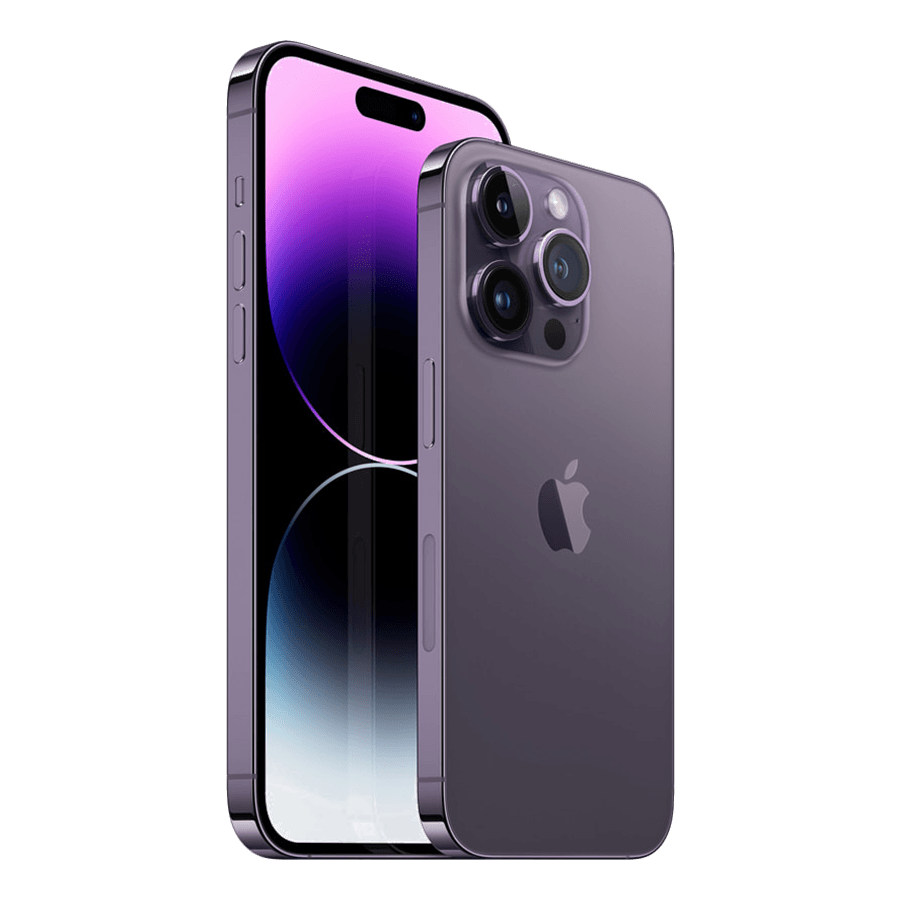 Deep purple iPhone 14 Pro Max front and rear studio product photograph