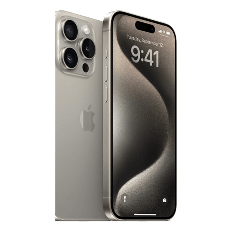 Natural titanium iPhone 15 Pro Max front and rear studio product photograph