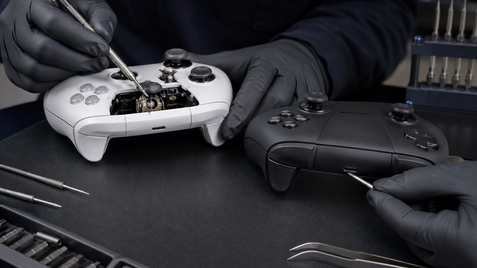 Premium game controllers being repaired on an electronics bench